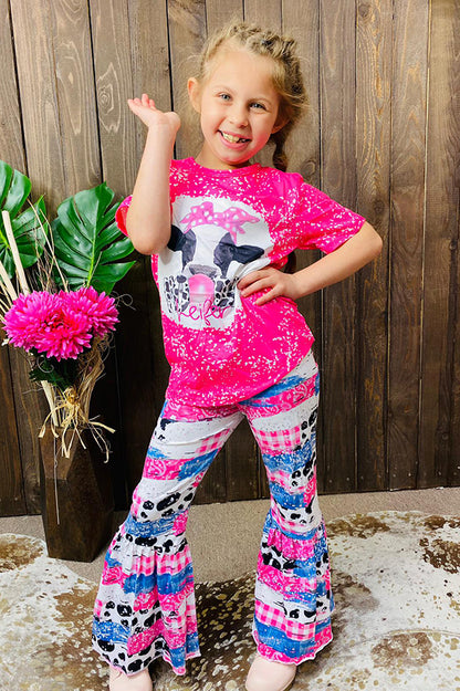 Western cute cow print pink top bell bottom girls boutique set 12155MZ