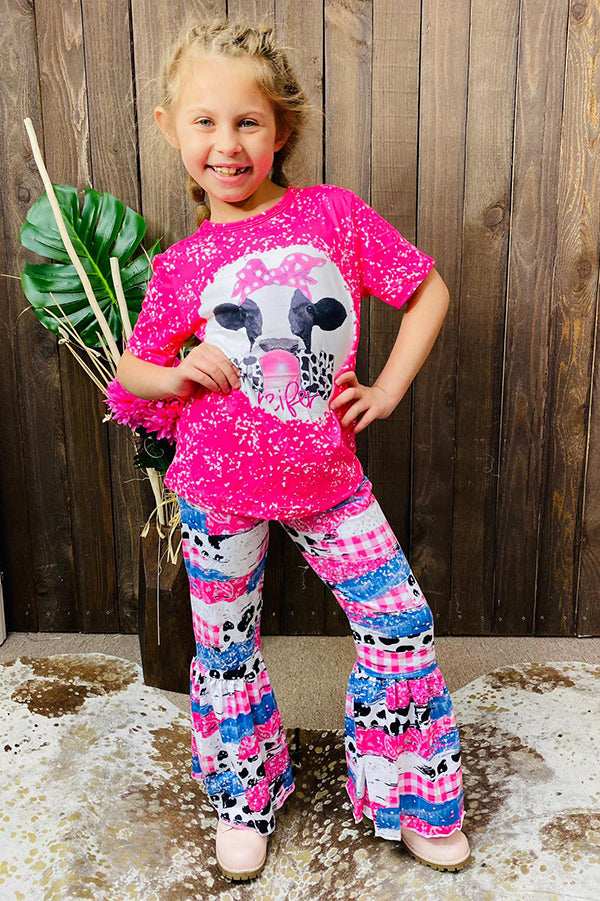 Western cute cow print pink top bell bottom girls boutique set 12155MZ
