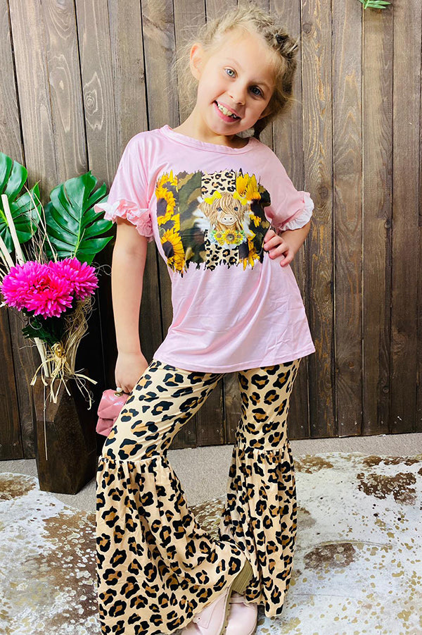 Kids leopard & cow printed top bell bottom pant 2pc girls set DLH2612