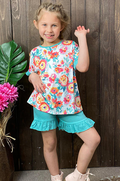 Multicolor floral top w/turquoise ruffle shorts 2pc set XCH0777-21H