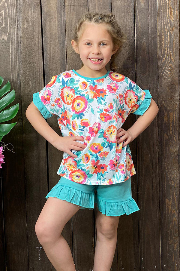Multicolor floral top w/turquoise ruffle shorts 2pc set XCH0777-21H