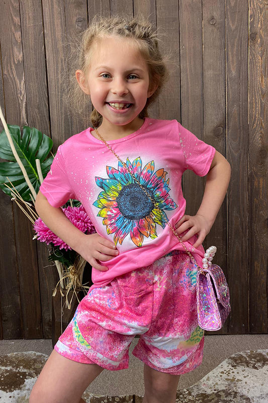 Multi color sunflower pink top tie dye shorts 2pc girls sets XCH0777-6H