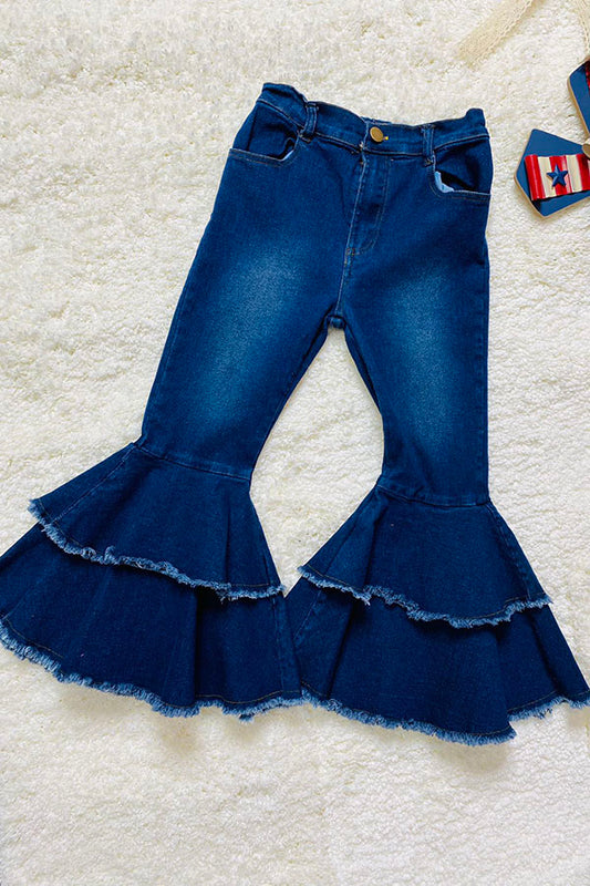 DLH2753 Dark blue double ruffle bell bottom denim girls jeans