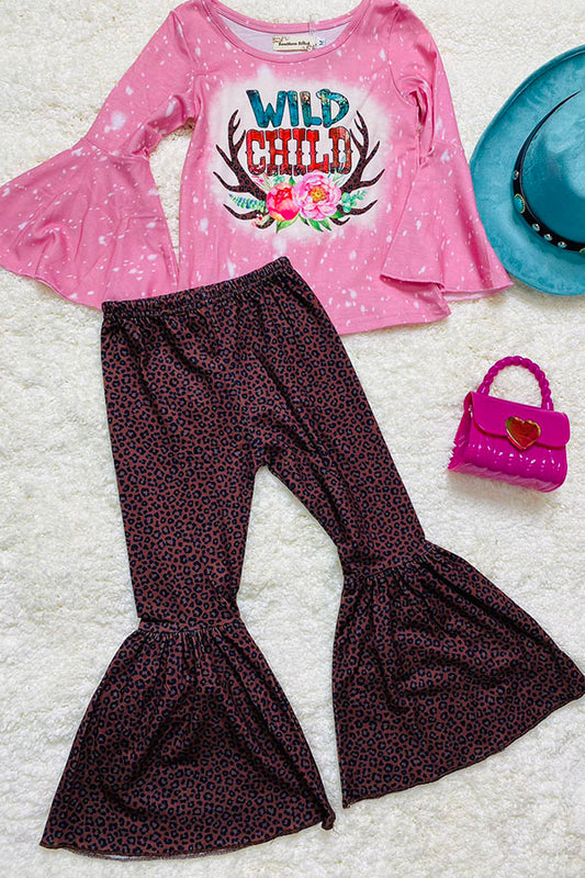 XCH0013-9H WILD CHILD Pink top leopard prints bell bottom 2pcs girls sets