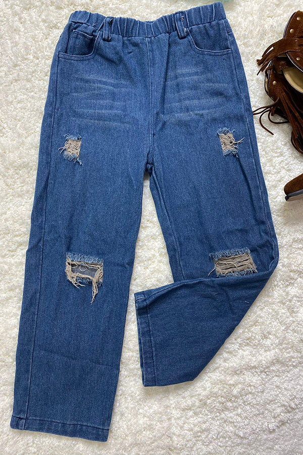 DLH2663 Denim blue elastic wasit girls jeans with holes