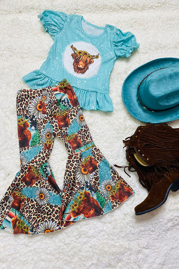 Western aqua top daisy & cow bell bottom pant girls boutique set DLH2423