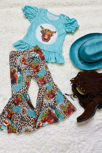 Western aqua top daisy & cow bell bottom pant girls boutique set DLH2423