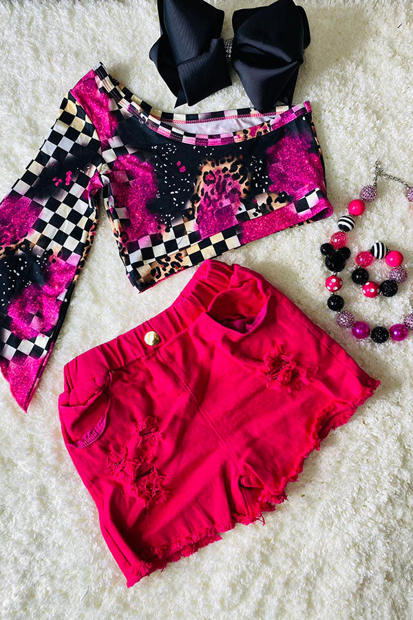 DLH2343 Leopard print checked one shoulder top pink denim shorts girls clothing sets