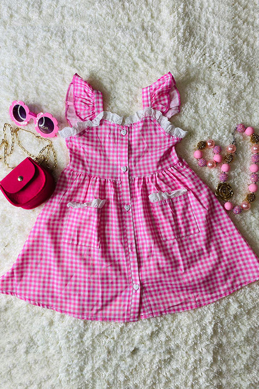 XCH0555-10H Pink checkered short sleeve girls dress with lace trim and pockets