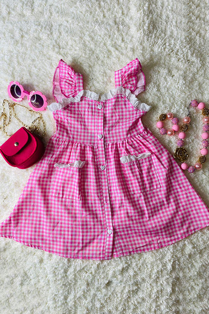 Chic patchwork pink checkered toddler girls boutique dress XCH0555-10H
