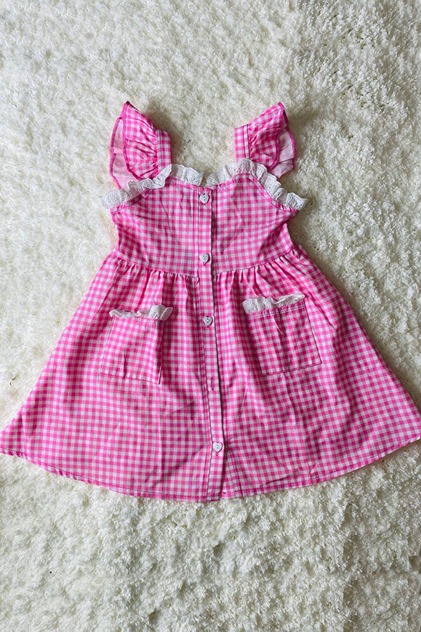 Chic patchwork pink checkered toddler girls boutique dress XCH0555-10H