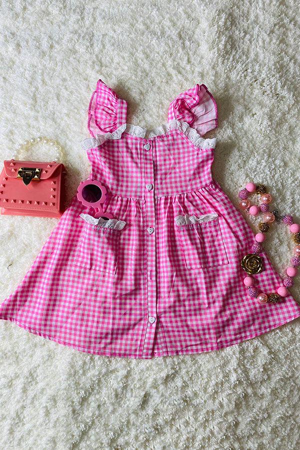 Chic patchwork pink checkered toddler girls boutique dress XCH0555-10H