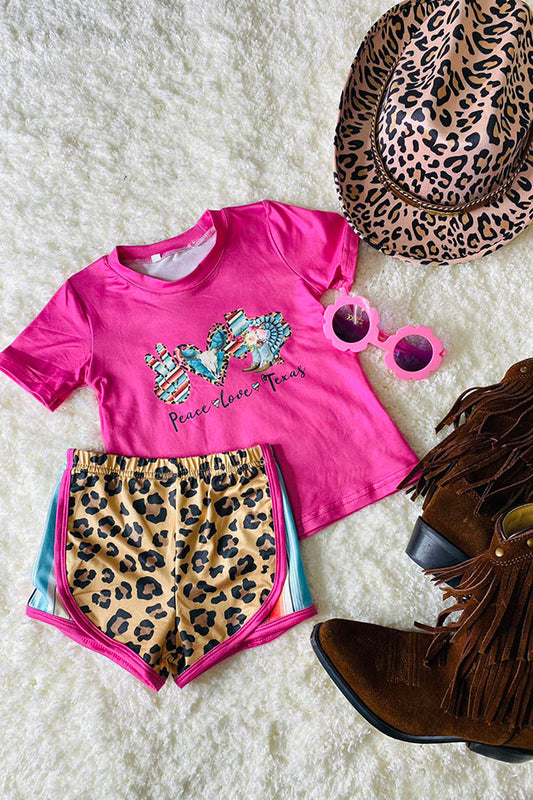DLH2770 Peace & Love & Texas  pink top leopard shorts 2pcs girls sets