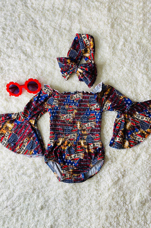 Patriotic 4th of July hearts bell sleeve smocked baby romper w/matching headband DLH1212-17
