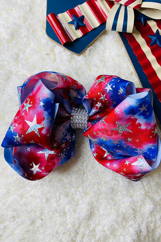 Silver glitter stars red and blue double layer hair bows 7.5" with rhinestones(4PCS/$10.00)
