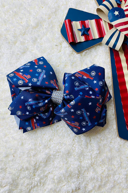 Bule flag & cars printed double layer hair bows 7.5" with rhinestones(4PCS/$10.00)