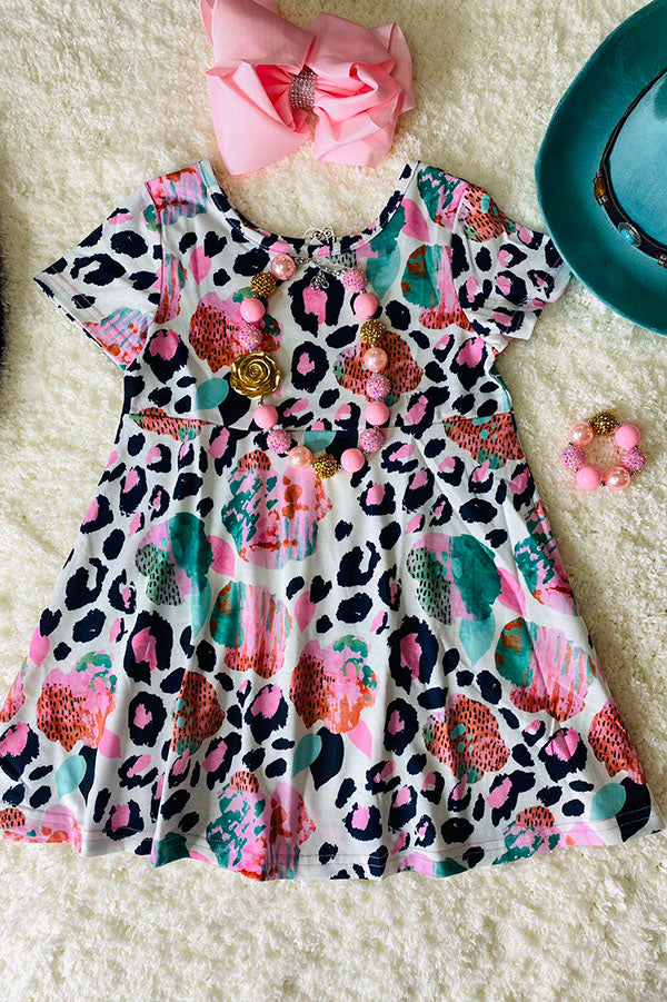 XCH0555-5H Pink cheetah short sleeve girls dress