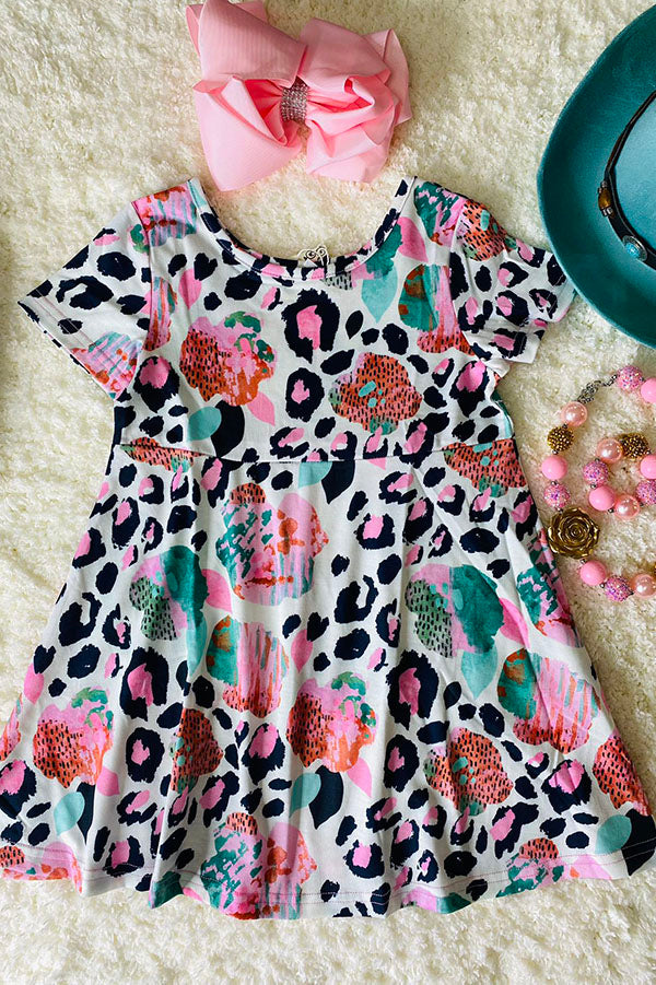 XCH0555-5H Pink cheetah short sleeve girls dress