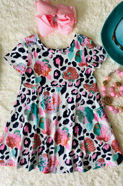 XCH0555-5H Pink cheetah short sleeve girls dress