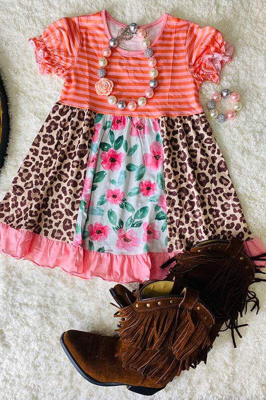 XCH0555-16H Striped & Leopard & Floral print short sleeve girls dress
