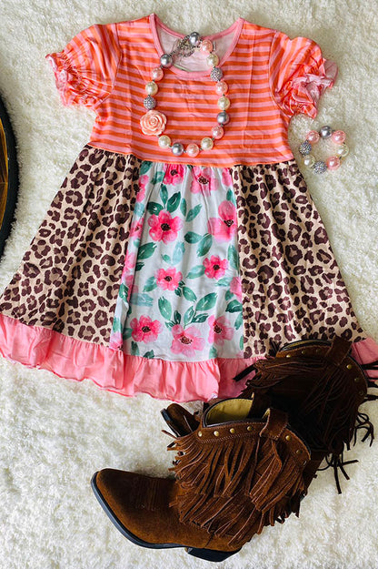 XCH0555-16H Striped & Leopard & Floral print short sleeve girls dress