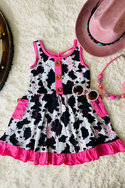 XCH0888-9H Pink cow printed sleeveless girls dress w/pockets