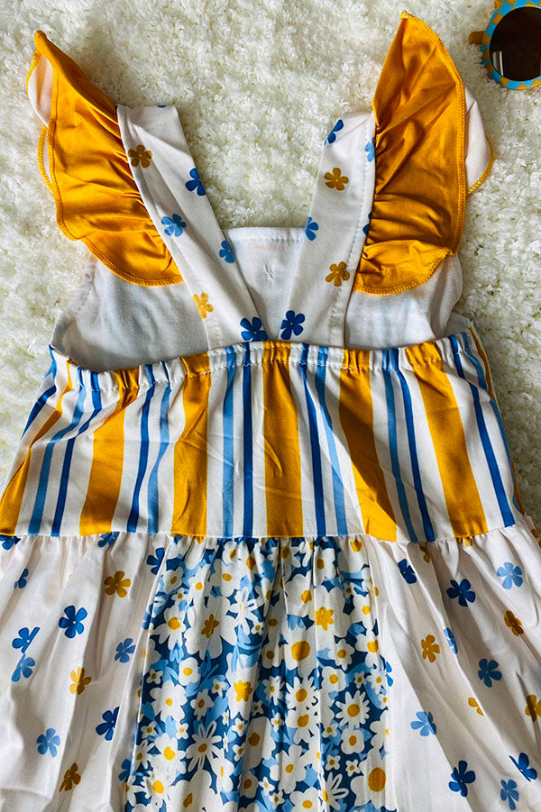 Western Yellow & blue floral printed girl's boutique dress 12067MZ