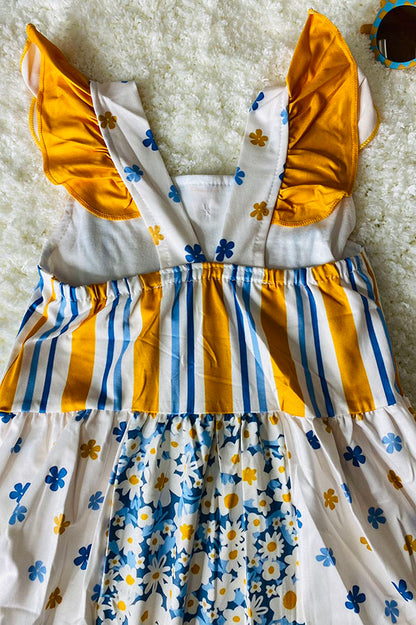 Western Yellow & blue floral printed girl's boutique dress 12067MZ