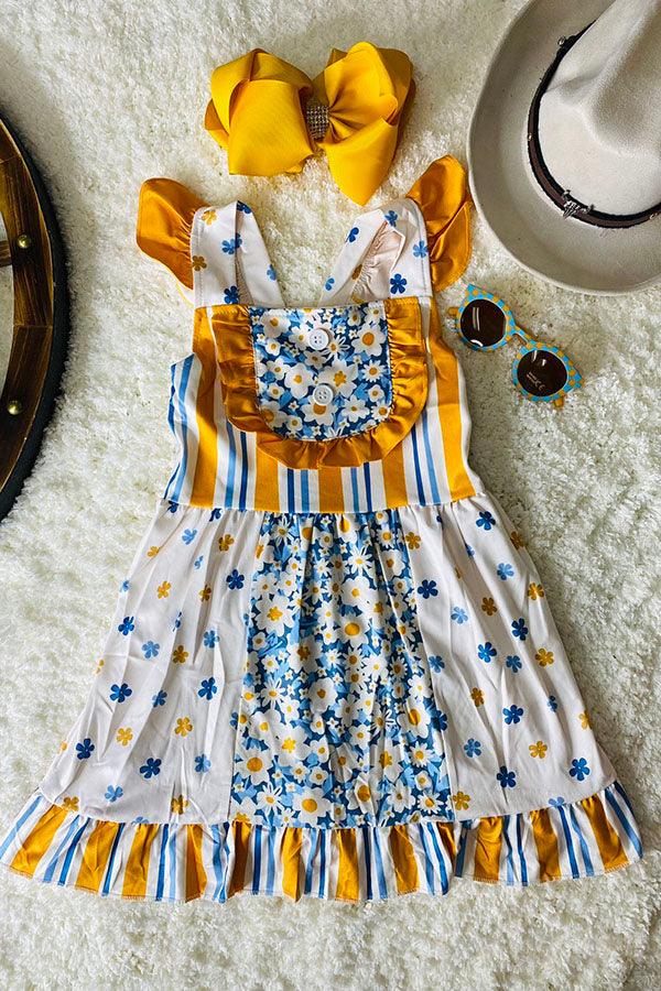 Western Yellow & blue floral printed girl's boutique dress 12067MZ