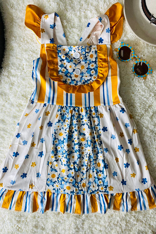 Western Yellow & blue floral printed girl's boutique dress 12067MZ