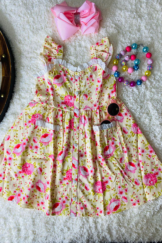 XCH0555-8H Light yellow & pink floral lace w/pockets button up dress
