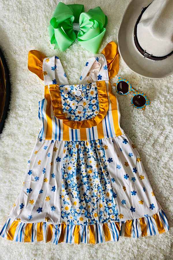 Western Yellow & blue floral printed girl's boutique dress 12067MZ