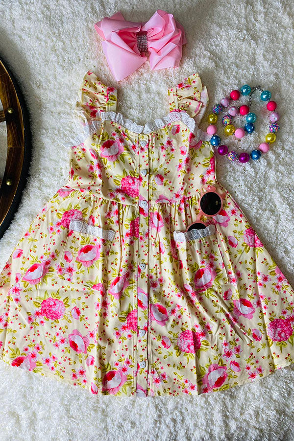 XCH0555-8H Light yellow & pink floral lace w/pockets button up dress