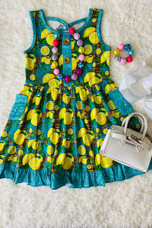Turquoise yellow lemons printed girl dress w/pockets XCH0888-8H