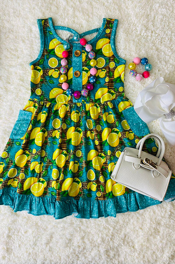 Trendy turquoise yellow lemons girl boutique dress XCH0888-8H
