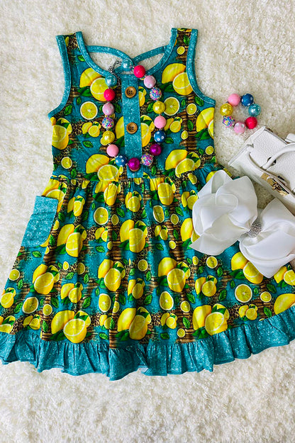 Trendy turquoise yellow lemons girl boutique dress XCH0888-8H