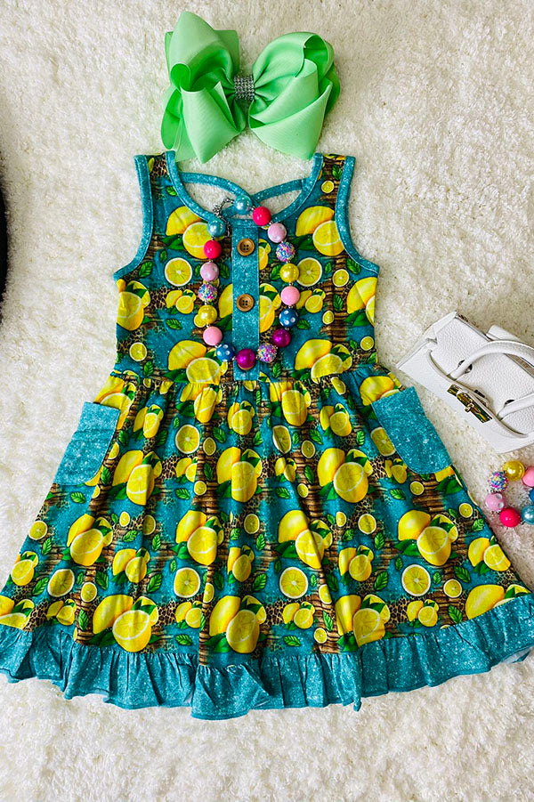 Trendy turquoise yellow lemons girl boutique dress XCH0888-8H