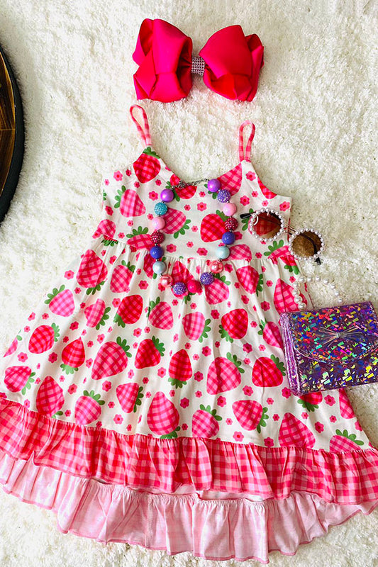 XCH0888-19H Kids pink plaid strawberry printed sleeveless girls swirl dresses