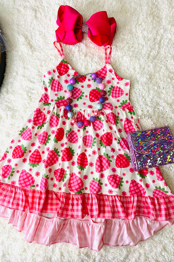 XCH0888-19H Kids pink plaid strawberry printed sleeveless girls swirl dresses