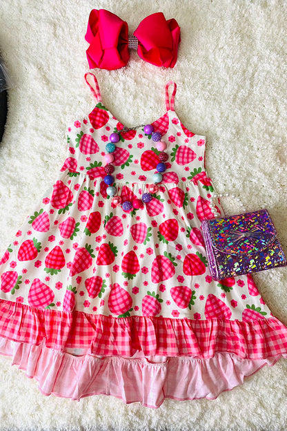 X0888-19 Pink plaid strawberry printed sleeveless girls swirl dress