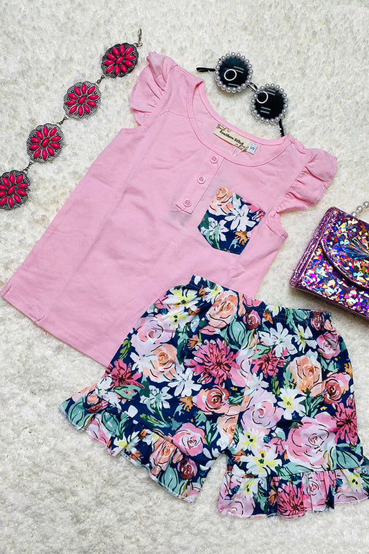 XCH0666-31H Summer pink top floral shorts girls clothing set