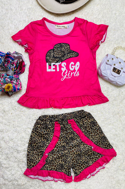 XCH0333-14H Let's go girls hats print pink leopard girls set