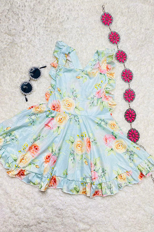 DLH2364 Summer floral prints blue girls swirl dress