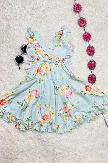 DLH2364 Summer floral prints blue girls swirl dress