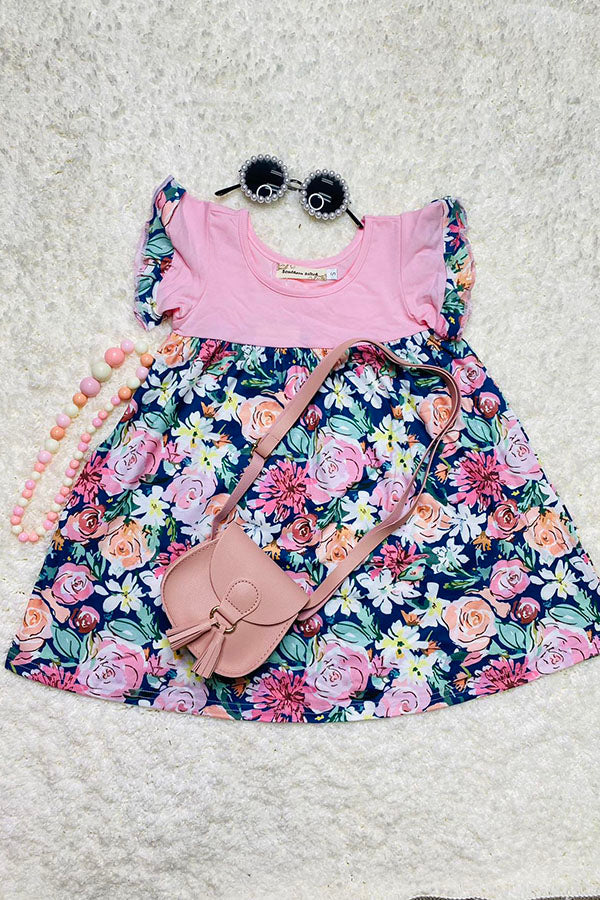 XCH0555-15H Pink & Floral prints color block summer girls dress