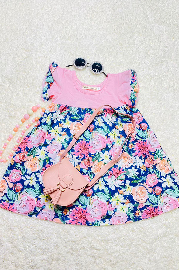 XCH0555-15H Pink & Floral prints color block girls dress