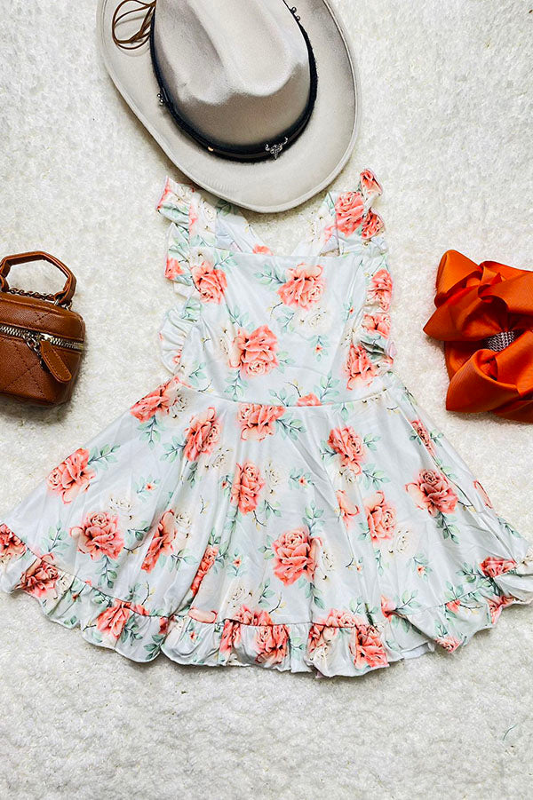 DLH2363 Floral printed girl dress w/criss cross back