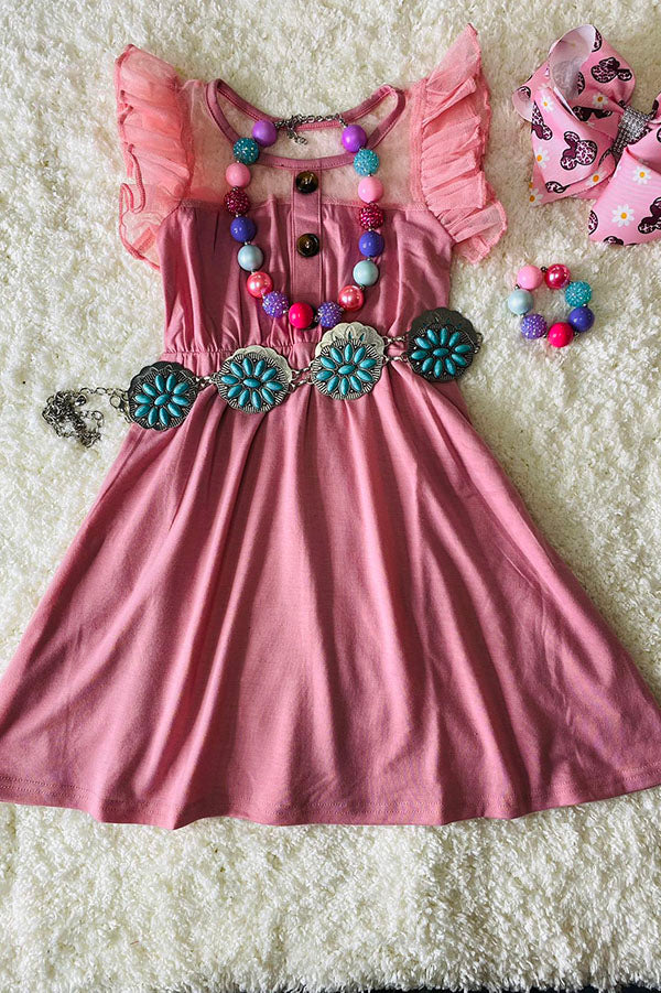 XCH0888-18H Rose pink tulle ruffle sleeve girls dress
