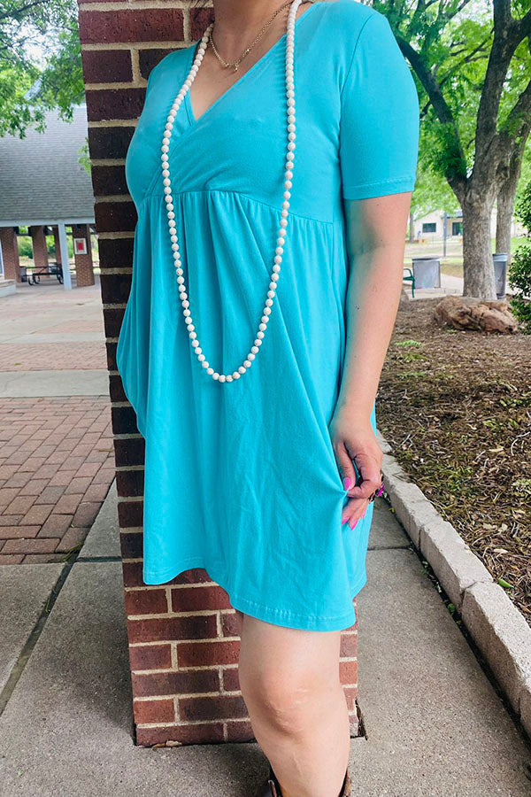 Western blue short sleeve women boutique dress w/pockets GJQ14589-2