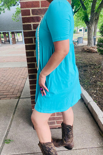 Western blue short sleeve women boutique dress w/pockets GJQ14589-2